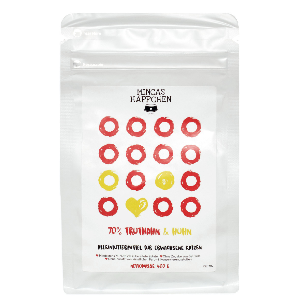 MINCAS HÄPPCHEN, Alleinfutter f. erw. Katzen, 70 % Truthahn & Huhn, 400 g, frische Zutaten, ohne Getreide, Farb- & Konservierungsstoffe.