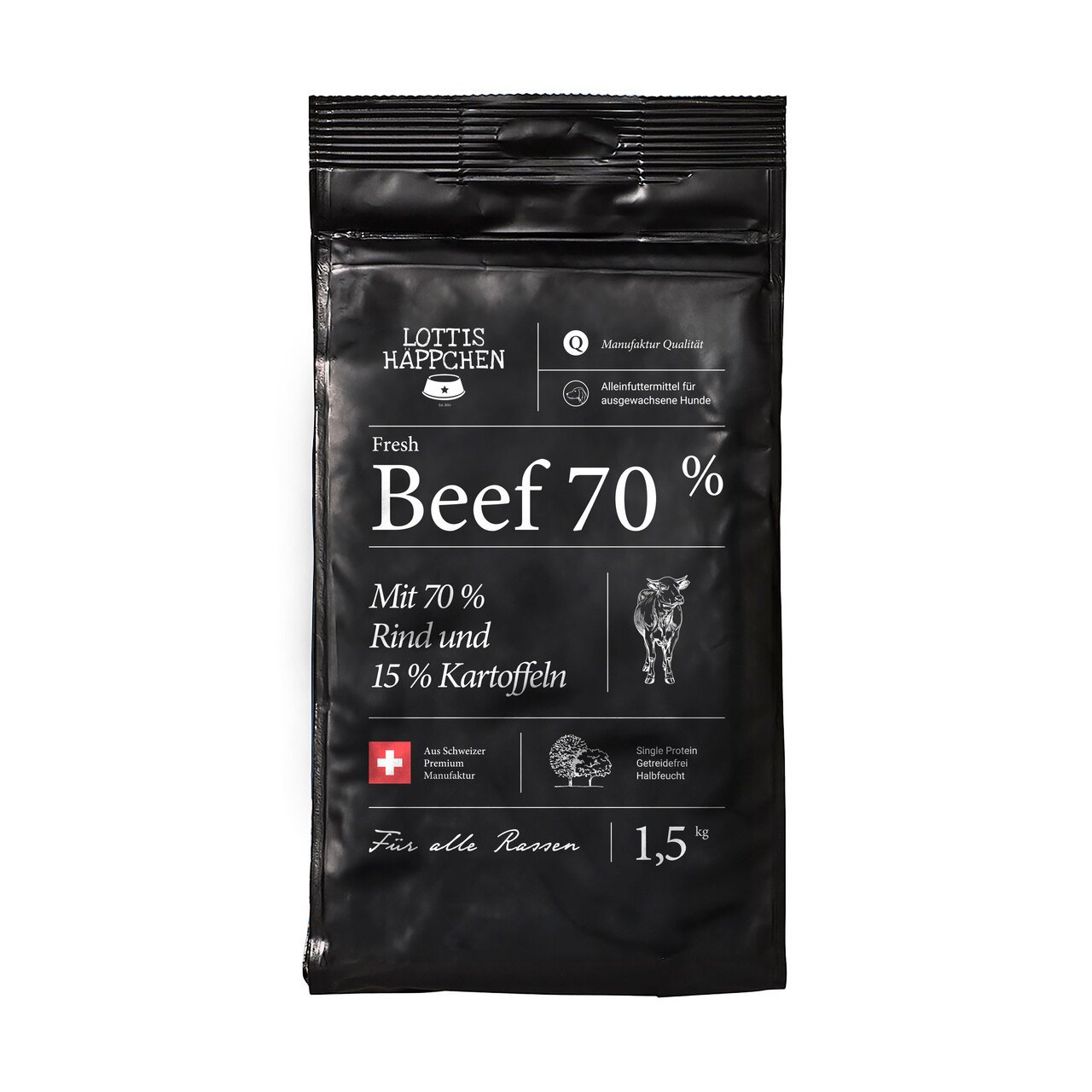 Lottis Häppchen Fresh Beef 70%, Alleinfutter f. erw. Hunde, Rind+Kartoffeln, getreidefrei, Single Protein, 1,5 kg, Premium-Manufaktur.
