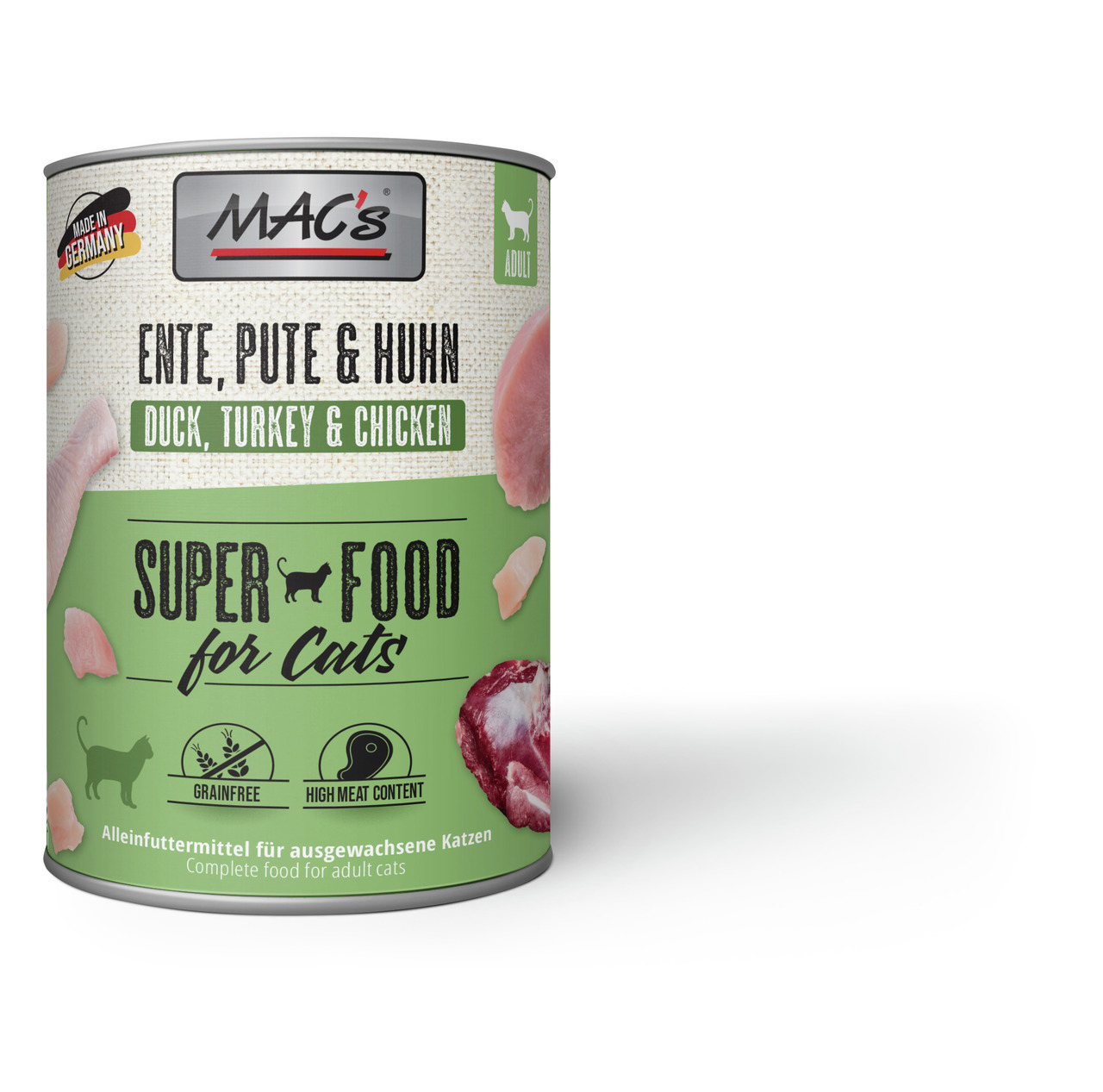 MAC's Katzenfutter, Ente-Pute-Huhn, getreidefrei, für ausgewachsene Katzen, hoher Fleischanteil, 400 g, Made in Germany.