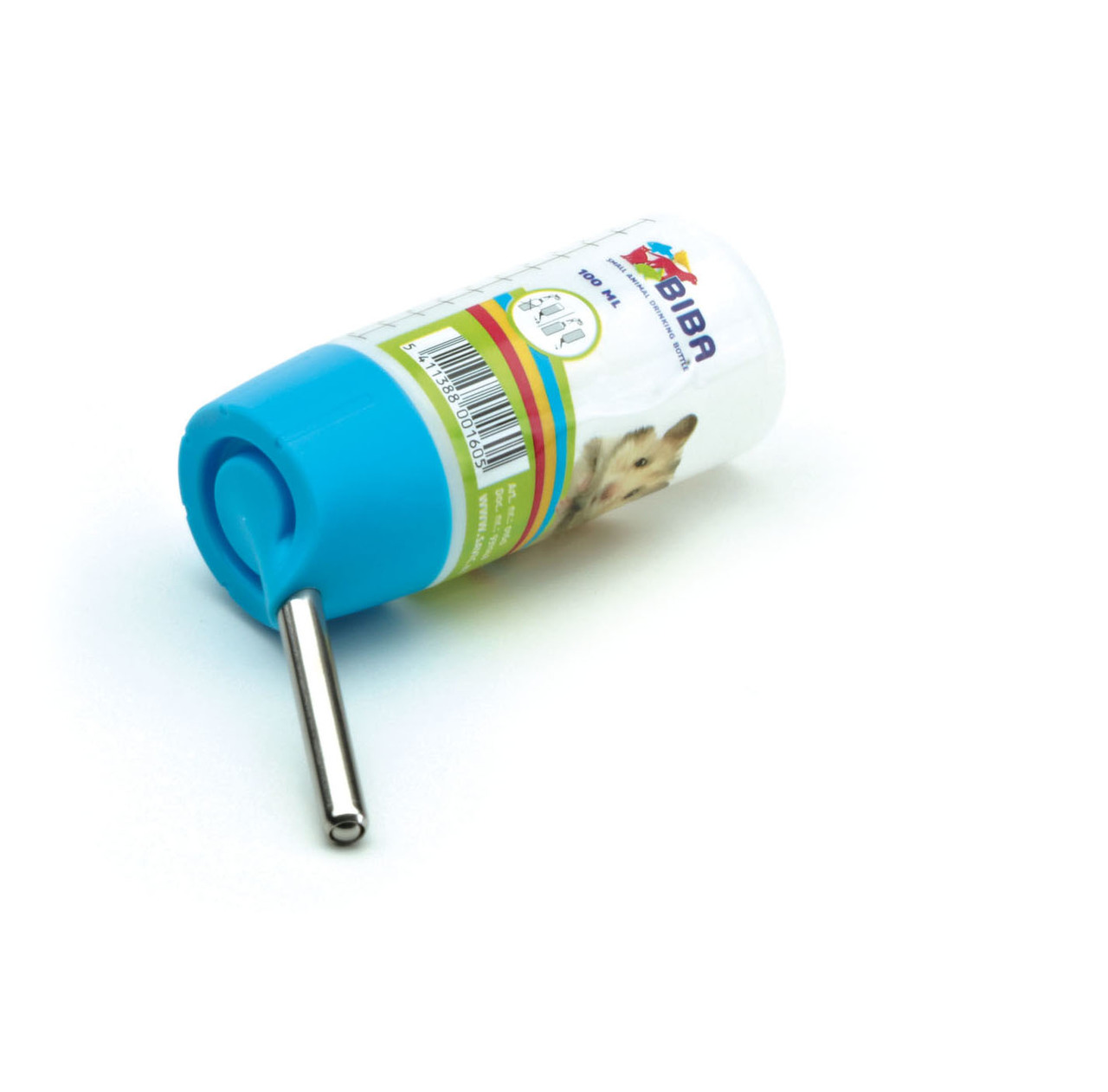 SAVIC Trinkflasche Biba, 100 ml, für Kleintiere (z. B. Hamster), mit blauer Kappe, Metalltrinkdüse & Skala zur Wasserstandskontrolle.