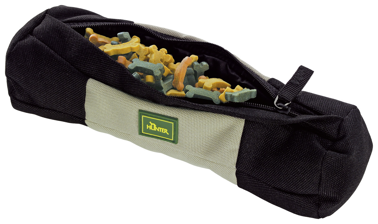 HUNTER Leckerlitasche, schwarz/beige, für Hundebesitzer, gefüllt mit bunten Hundesnacks in Knochenform, robust, mit Reißverschluss.