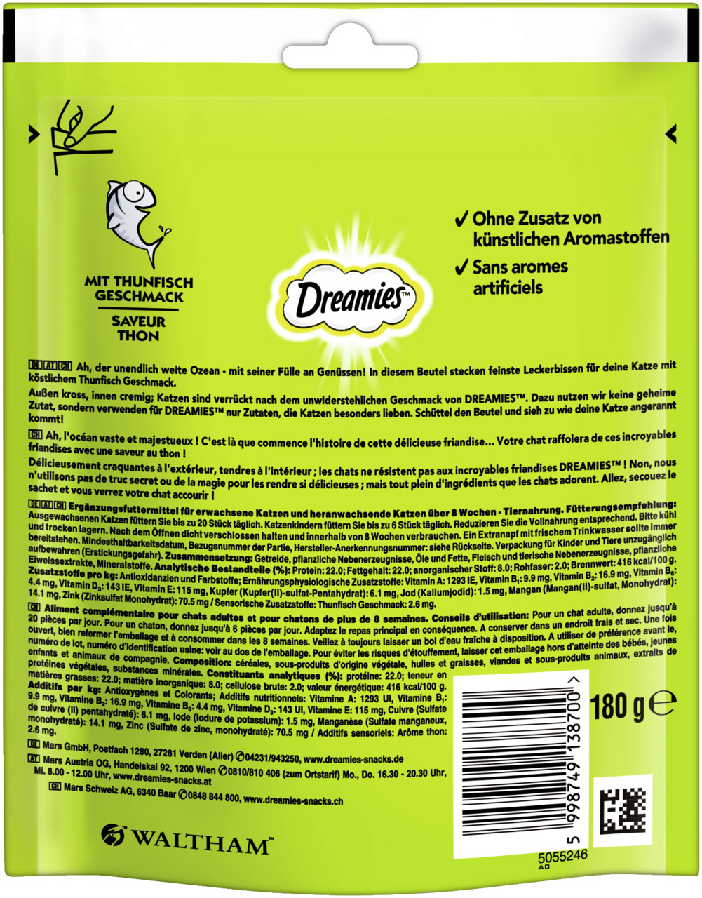 Dreamies Katzenleckerlis Thunfisch, 180 g: Knusprig-kross außen, cremig innen. Ohne künstl. Aromastoffe. Ideal für ausgewachsene Katzen.