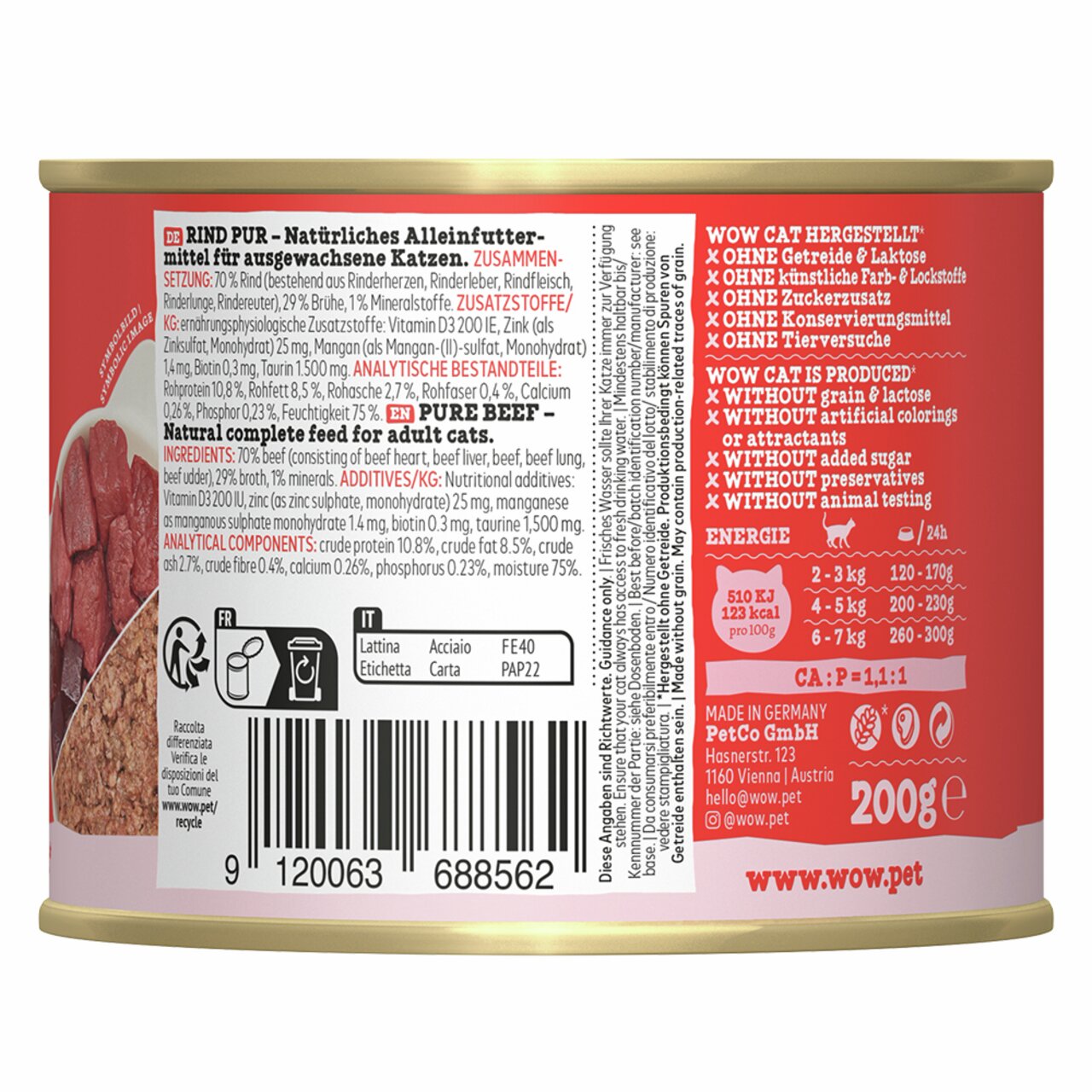 WOW CAT Rind Pur, Alleinfutter f. erwachsene Katzen, Geschm.: Rind, 200 g, ohne Zuckerzusatz, ohne künstl. Farb- u. Konservierungsstoffe.