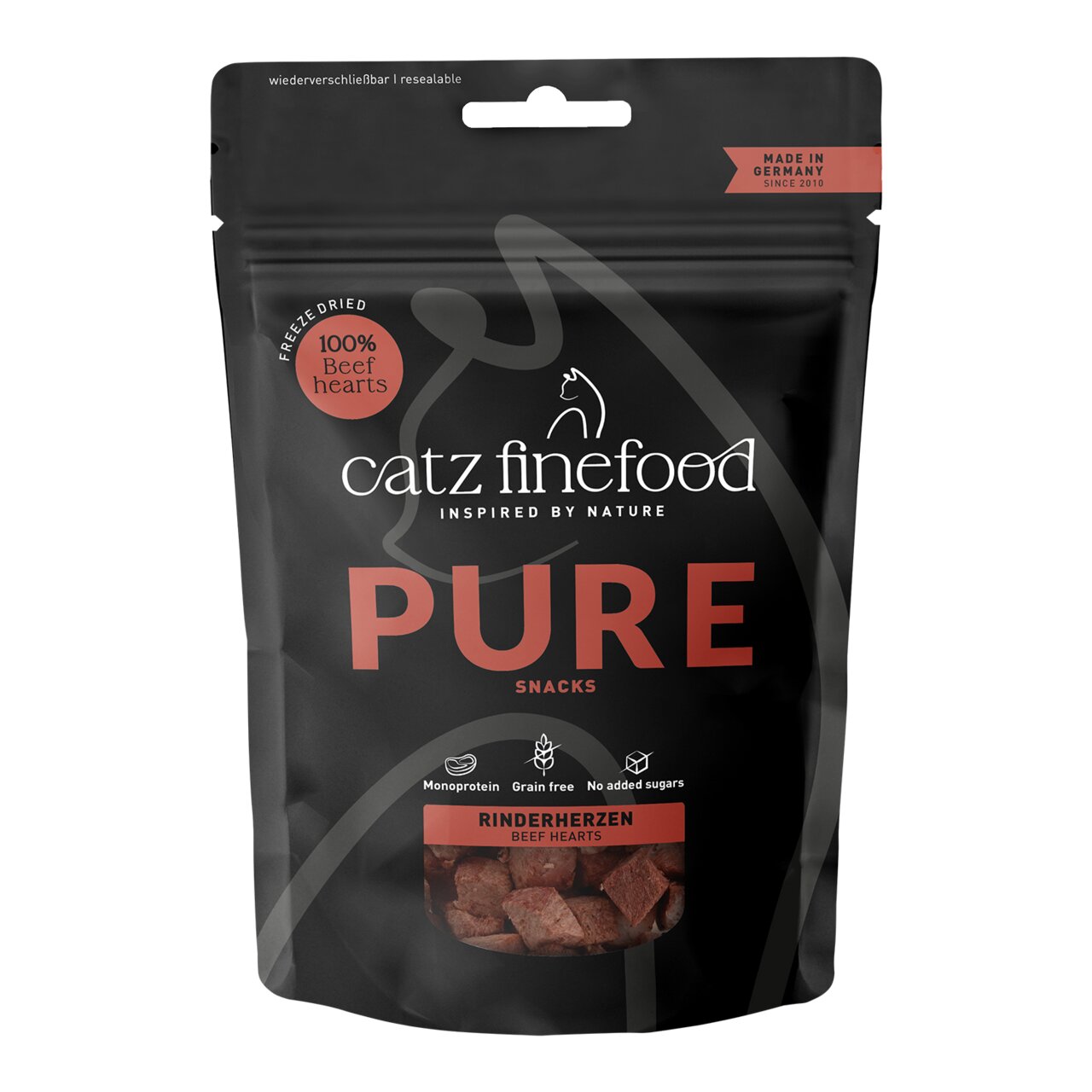 Wiederverschließbare Packung Catz finefood Pure Snacks Rinderherzen, 100 % Rind, getreidefrei, für Katzen, 40 g, Made in Germany.
