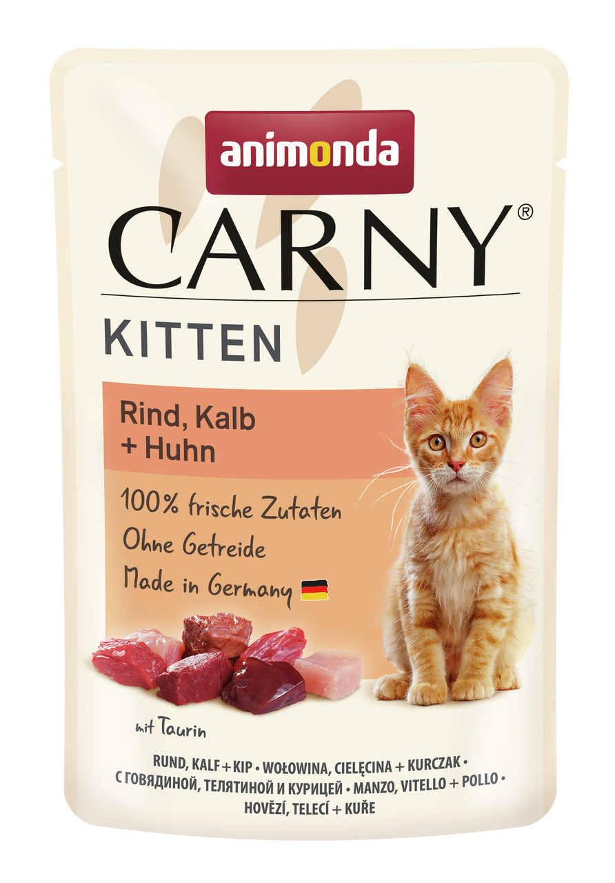 Animonda Carny Kitten: Katzenfutter für junge Katzen, Rind/Kalb/Huhn, 100 % frische Zutaten, getreidefrei, 200 g, hergestellt in Deutschland.