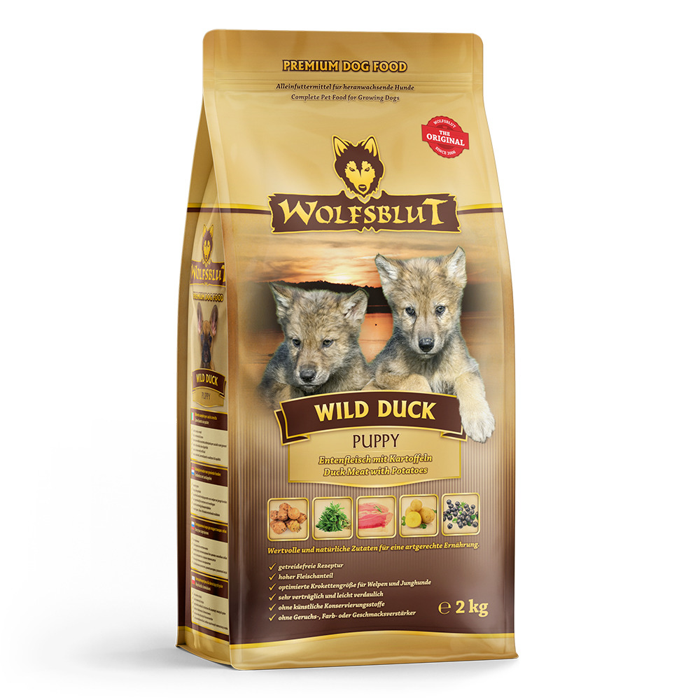 Wolfsblut Wild Duck Puppy, Trockenfutter f. Welpen, Ente+Kartoffeln, getreidefrei, 2 kg, natürliche Zutaten, hohe Verträglichkeit.