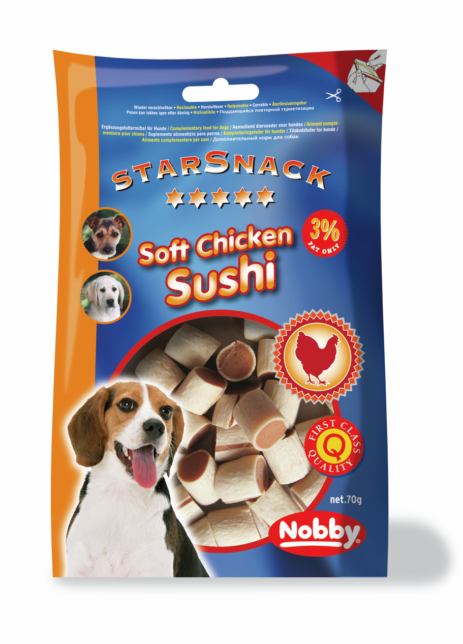 Nobby StarSnack Soft Chicken Sushi, Ergänzungsfuttermittel für Hunde, Huhn, 70 g, „First Class Quality“, 3 % Fett.