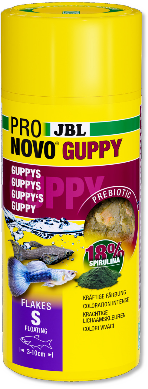 JBL Pro Novo Guppy, Flockenfutter (Größe S) für Guppys (3-10 cm), 18 % Spirulina für kräftige Farben, schwimmend.