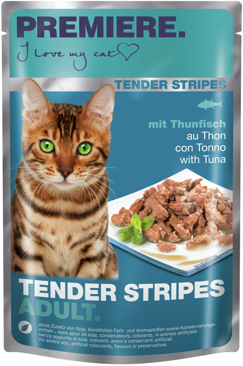 PREMIERE Tender Stripes Adult, Thunfisch, erw. Katzen, ohne Soja, künstl. Farb-/Aromastoffe & Konservierungsmittel.