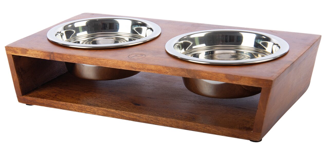 Doppelnapf Petlando aus Holz mit Edelstahl-Schalen, ideal für Hunde und Katzen. Stilvolles Design, leicht zu reinigen.