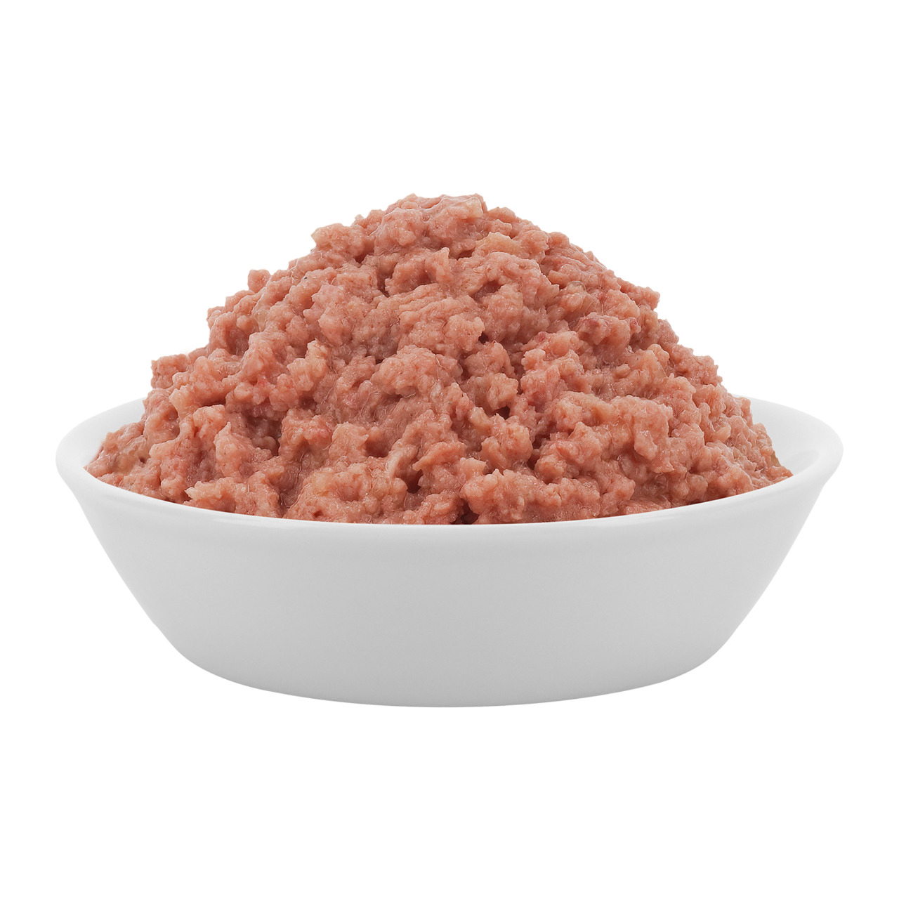 Eine weiße Schale, gefüllt mit Lucky Lou Nassfutter für Hunde, Geschmacksrichtung Rind. Das Futter ist fein zerkleinert und hat eine fleischige Konsistenz. Geeignet für ausgewachsene Hunde. Verpackungsmenge nicht sichtbar. EAN: 4260688856610. Hochwertige,