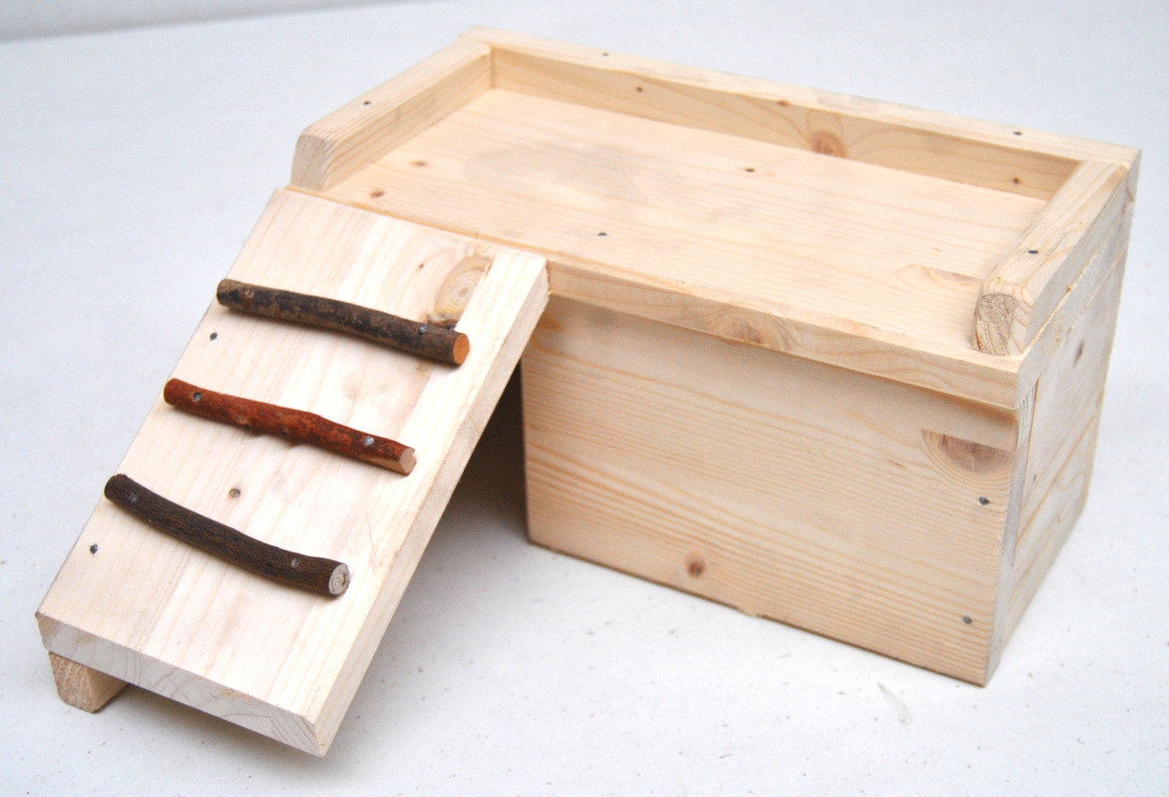 Holzhaus Ollesch für Nagetiere (Hamster/Mäuse), naturbelassen, mit Rampe & 3 Ästen, ideal für artgerechte Haltung & Beschäftigung.