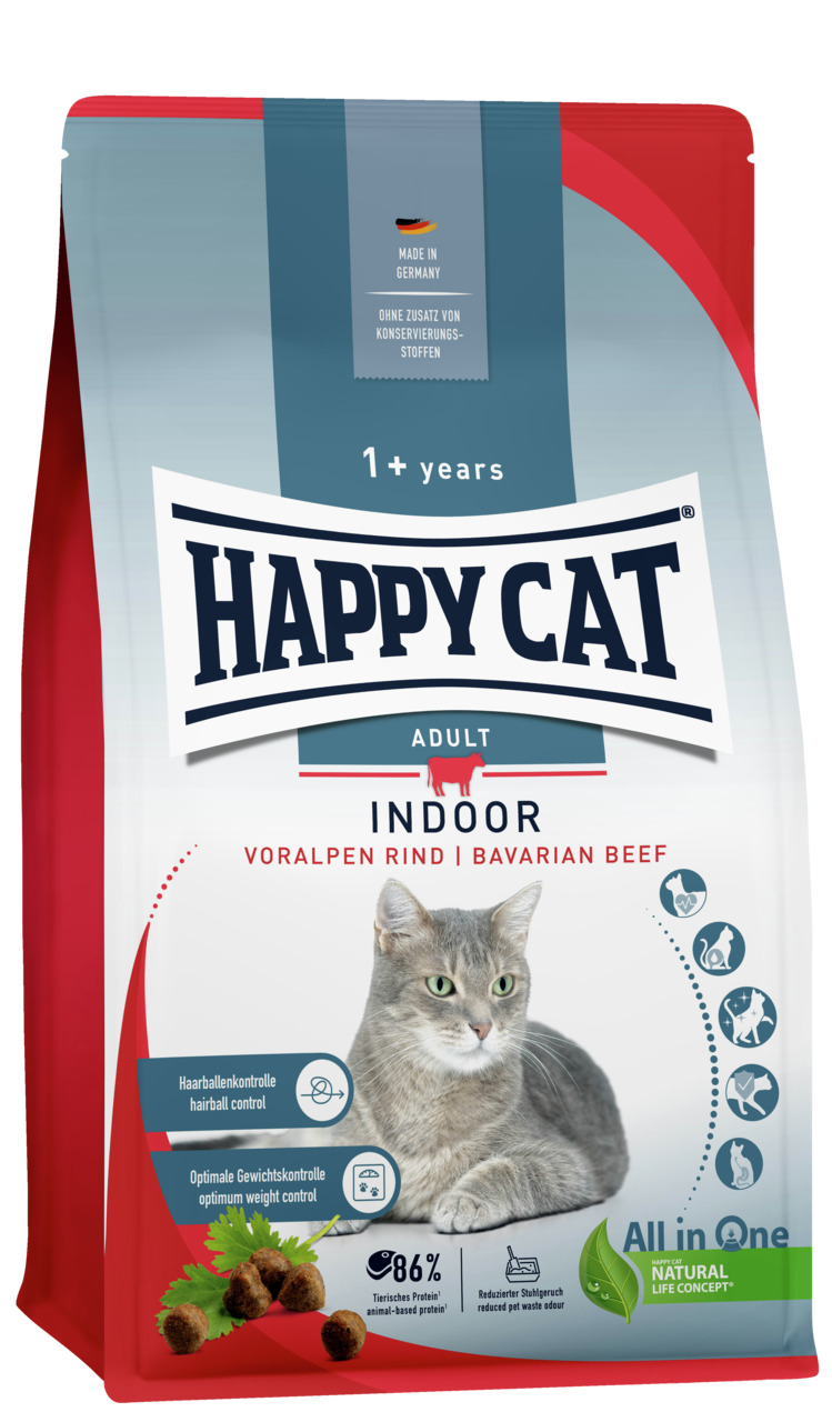 HAPPY CAT Adult Indoor Voralpen-Rind, für Wohnungskatzen ab 1 J., 86 % tier. Protein, Haarballenkontrolle, optimales Gewicht, 1,4 kg.