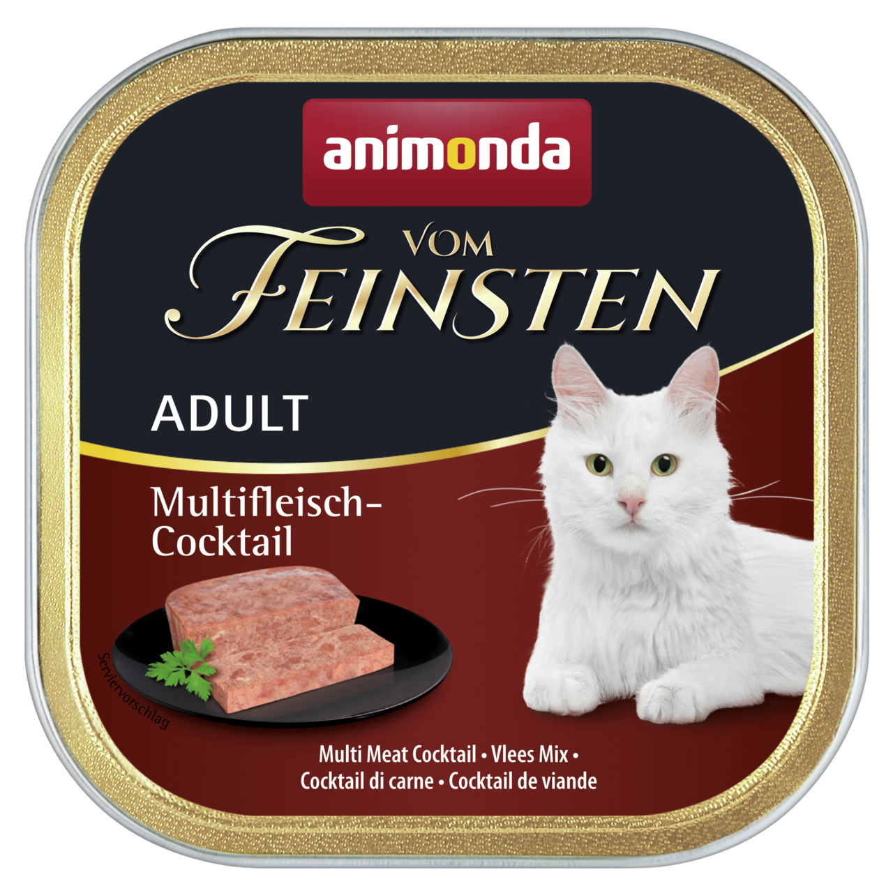 Animonda Vom Feinsten Multifleisch-Cocktail, Adult Katzen, 100 g, hochwertiges Katzenfutter in Rot-Gold-Design mit weißem Kater.