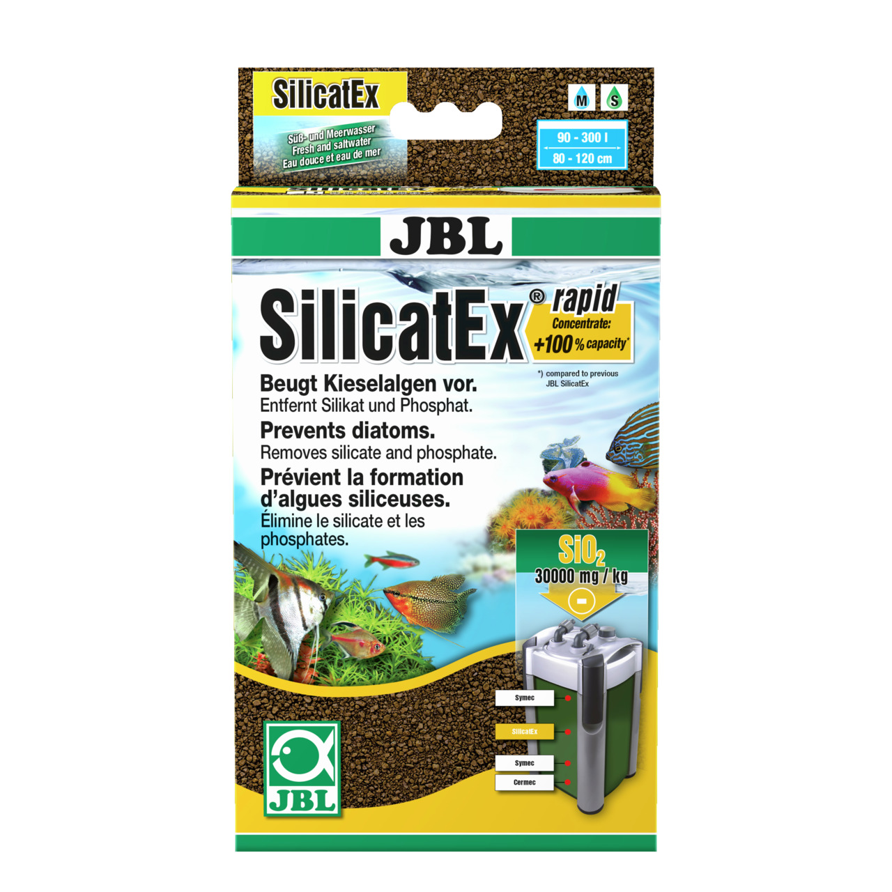 JBL SilikatEx Rapid, Wasseraufbereitung f. Aquarien, gegen Kieselalgen, entfernt Silikat/Phosphat, 400 g, inkl. Granulat & Zubehör.