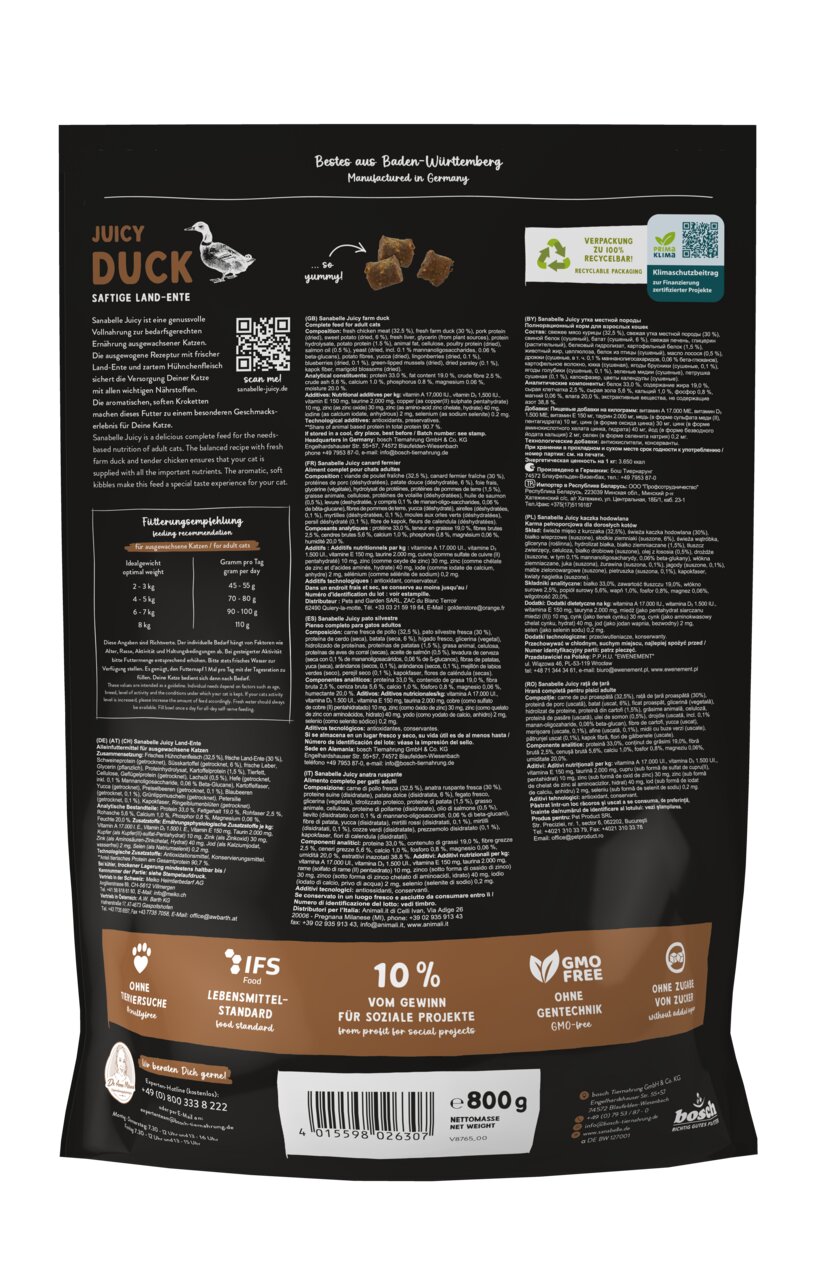 Sanabelle Juicy Duck, Katzen, saftige Land-Ente, 800 g, hochwertige Zutaten, ohne Gentechnik/Zucker, 10 % für soziale Projekte.