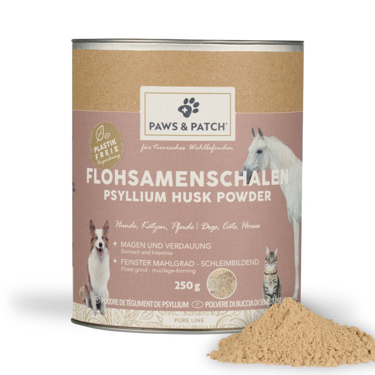 Paws & Patch Flohsamenschalen für Hunde, Katzen und Pferde, 250 g, unterstützt Magen und Verdauung, plastikfreie Verpackung.