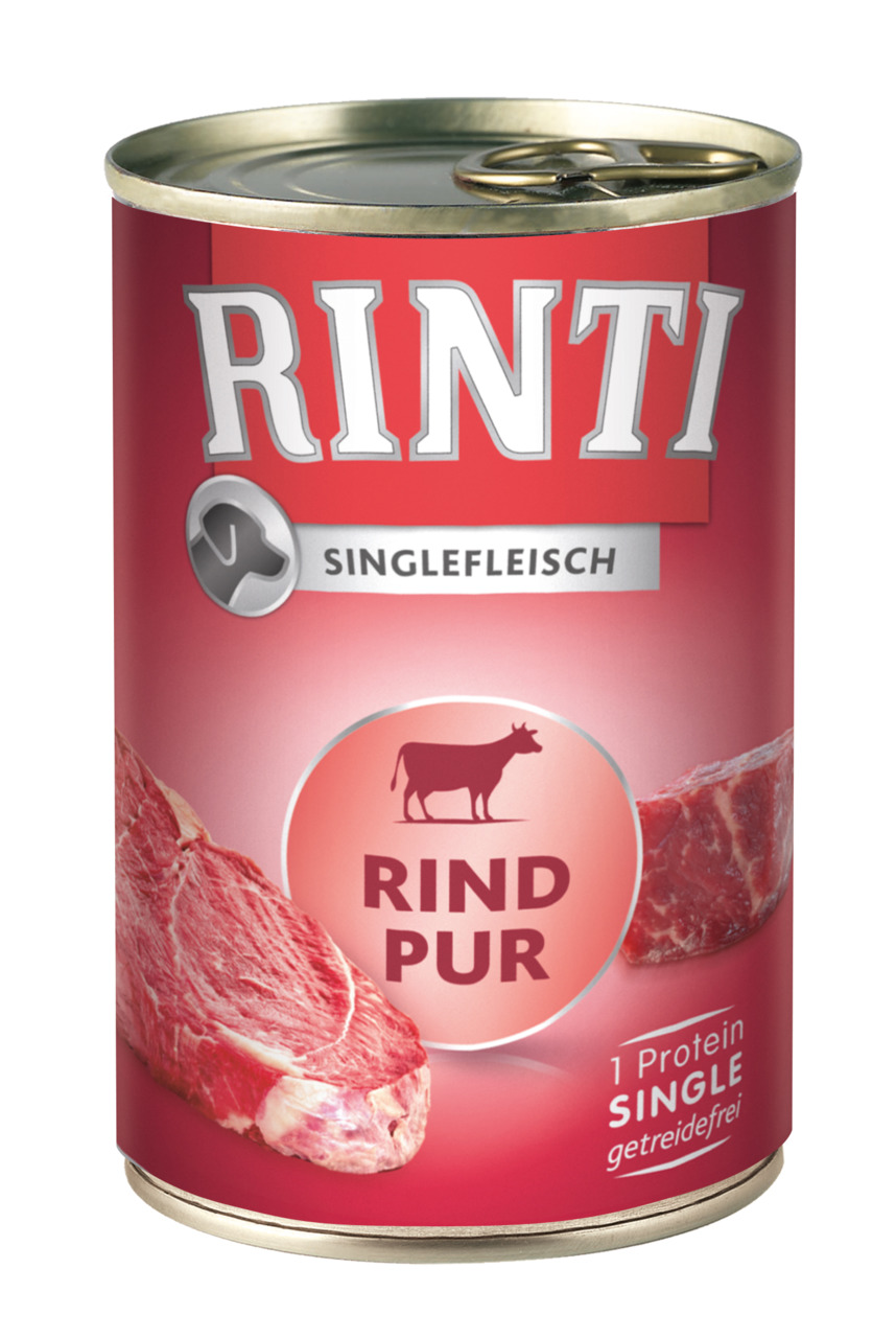 RINTI Singlefleisch Hundefutter "Rind pur", getreidefrei, 1 Proteinquelle, für Hunde, 400g, mit frischem Rindfleisch.