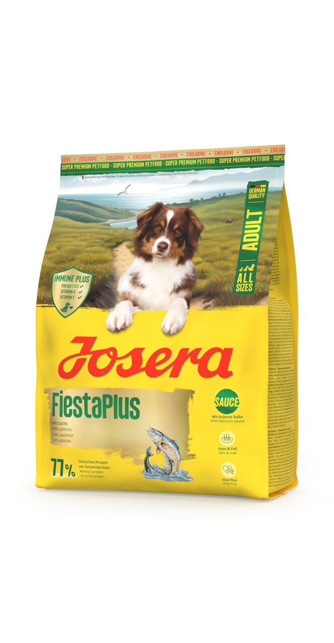 Josera FiestaPlus Trockenfutter für Hunde, Geschmacksrichtung Lachs, für Erwachsene, 15 kg, mit 77 % tierischem Protein, Haut & Fell.