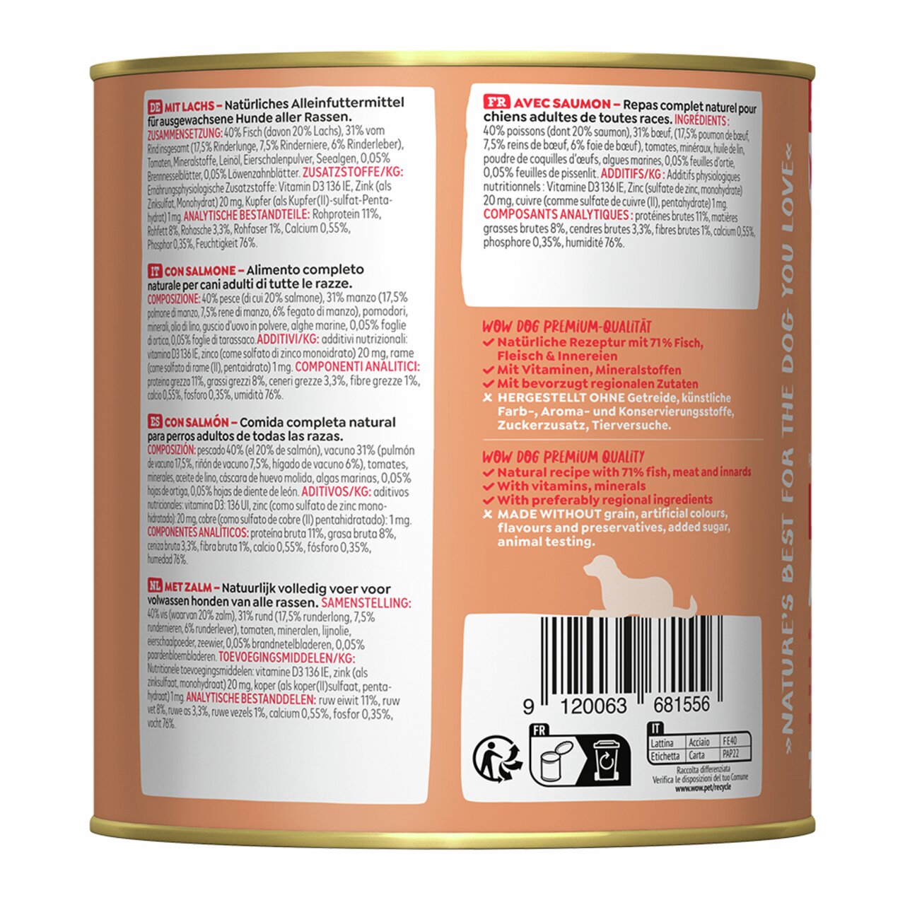 WOW DOG Nassfutter für Hunde, Geschmack Lachs, ohne Getreide, 400 g. Hochwertige Zutaten für ausgewachsene Hunde aller Rassen.