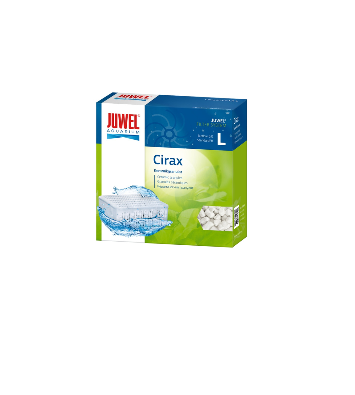 JUWEL Cirax Keramikgranulat, Filtermedium für Aquarienbesitzer, Größe L, blaue-grüne Verpackung, zeigt Granulat & Wasserillustration.