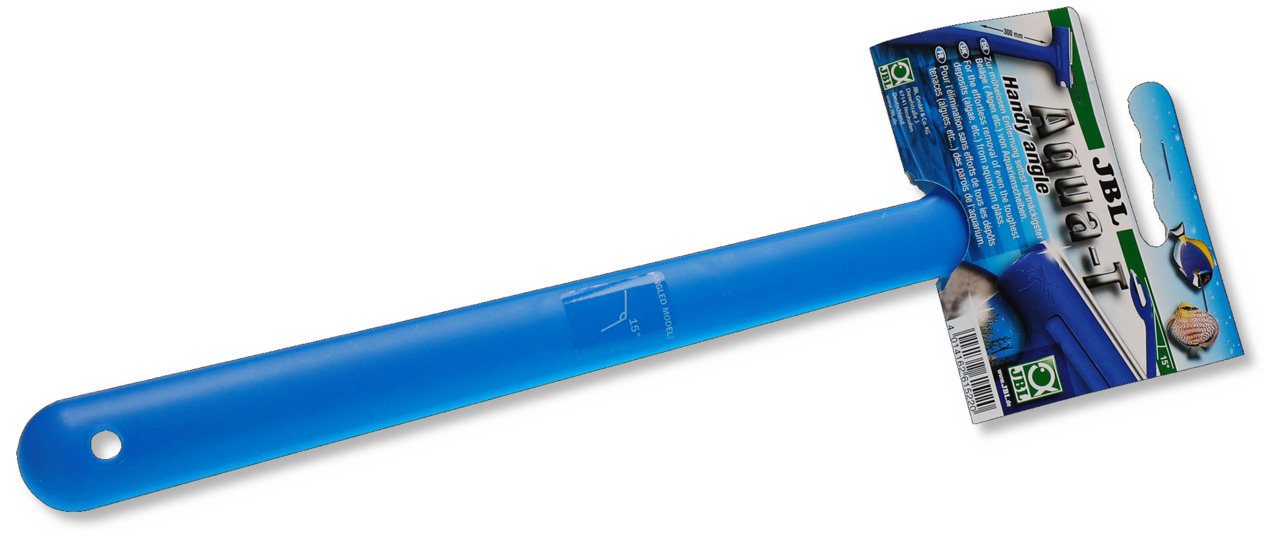 Blauer Aquarienreiniger JBL Aqua-T Handy Angle mit ergonomischem Griff und austauschbarer Klinge. Geeignet für Aquarienbesitzer zur effektiven Entfernung von Algen und Schmutz an Glaswänden. Verpackung zeigt Produktdetails und Anwendungshinweise. EAN: 401