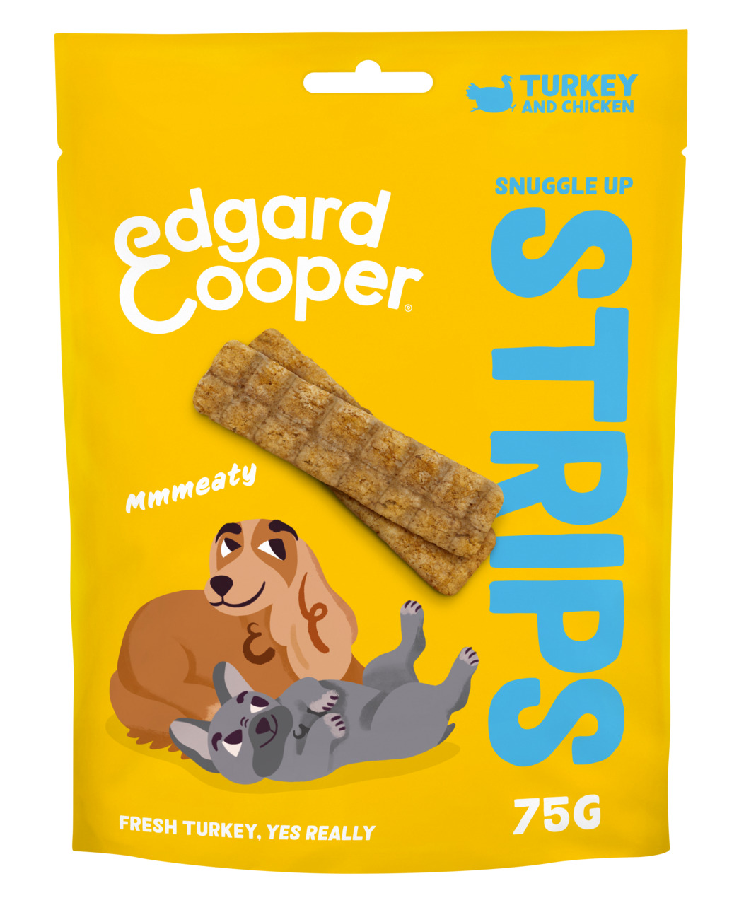 Das Bild zeigt eine gelbe Verpackung des Produkts „Edgard & Cooper Snuggle Up Strips“ für Hunde. Die Zielgruppe sind Hundehalter, die gesunde Snacks suchen. Die Geschmacksrichtung ist Truthahn und Huhn. Auf der Verpackung sind zwei spielende Hunde abgebil