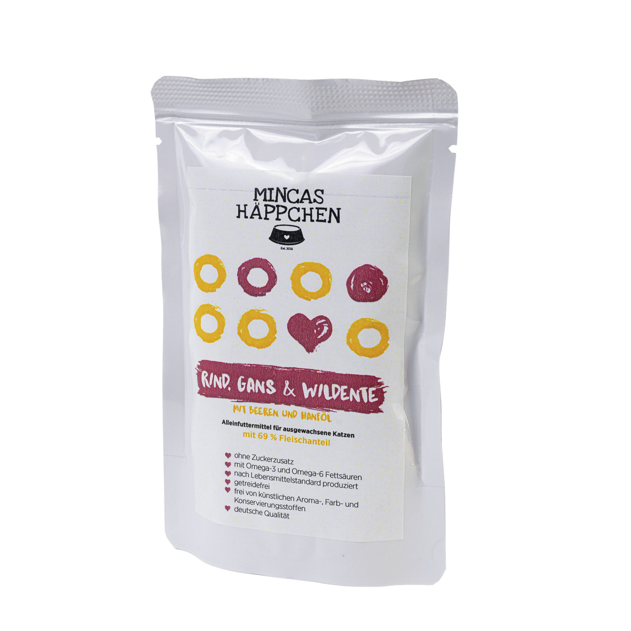 Mincas „MINCAS HÄPPCHEN“ für Katzen, Rind/Gans/Wildente, 69 % Fleisch, ohne Zucker/Getreide, Omega-3/-6, 125 g, lebensmittelstandard.