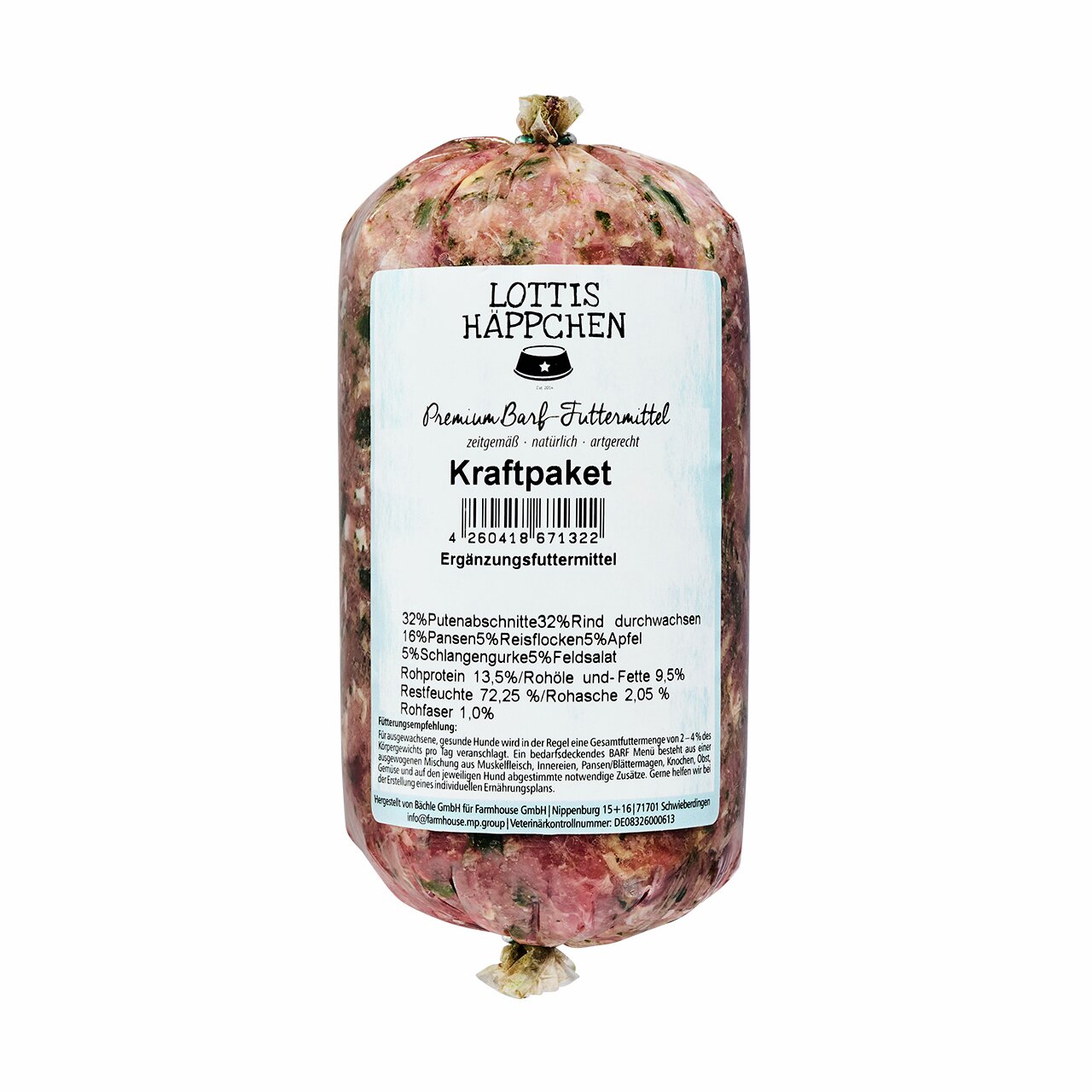 Lottis Häppchen Kraftpaket, BARF-Ergänzungsfutter für Hunde, 500 g, mit Pute, Rind, Pansen, Apfel, Gurke, Feldsalat, vakuumiert.