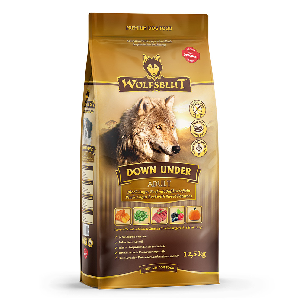 WOLFSBLUT Down Under Black Angus Beef mit Süßkartoffeln 12,5kg Hundetrockenfutter
