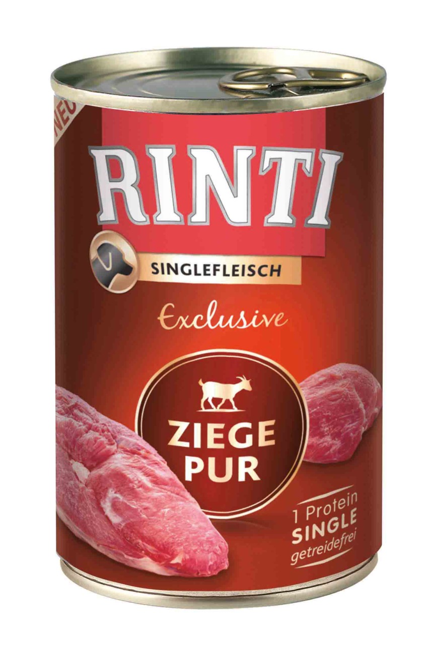 RINTI Singlefleisch Exclusive Ziege Pur, für Hunde, 400 g, getreidefrei, nur Ziegenfleisch, ideal bei speziellen Ernährungsbedürfnissen.