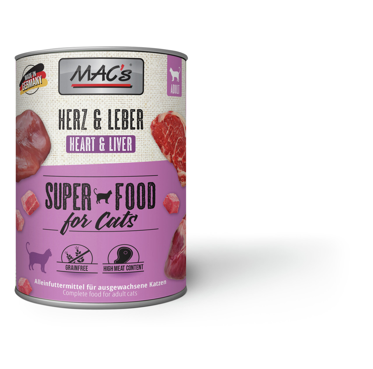 MAC's Katzenfutter Herz & Leber, getreidefrei, hoher Fleischanteil, Alleinfuttermittel für ausgewachsene Katzen, „Super Food for Cats“.