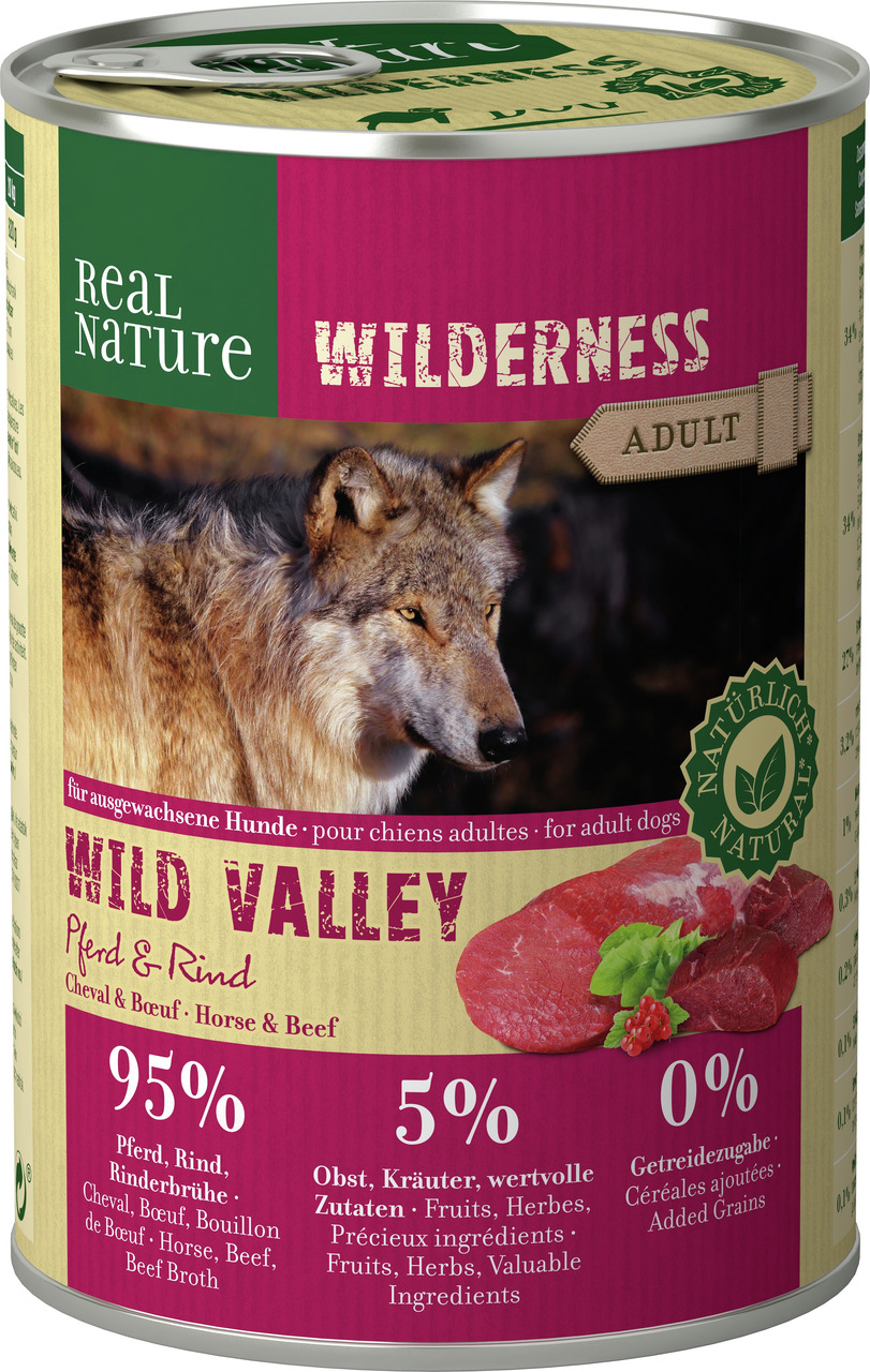 Real Nature Wilderness "Wild Valley" Hundefutter, Pferd & Rind, 95% Fleisch, 0% Getreide, 400 g, für ausgewachsene Hunde.