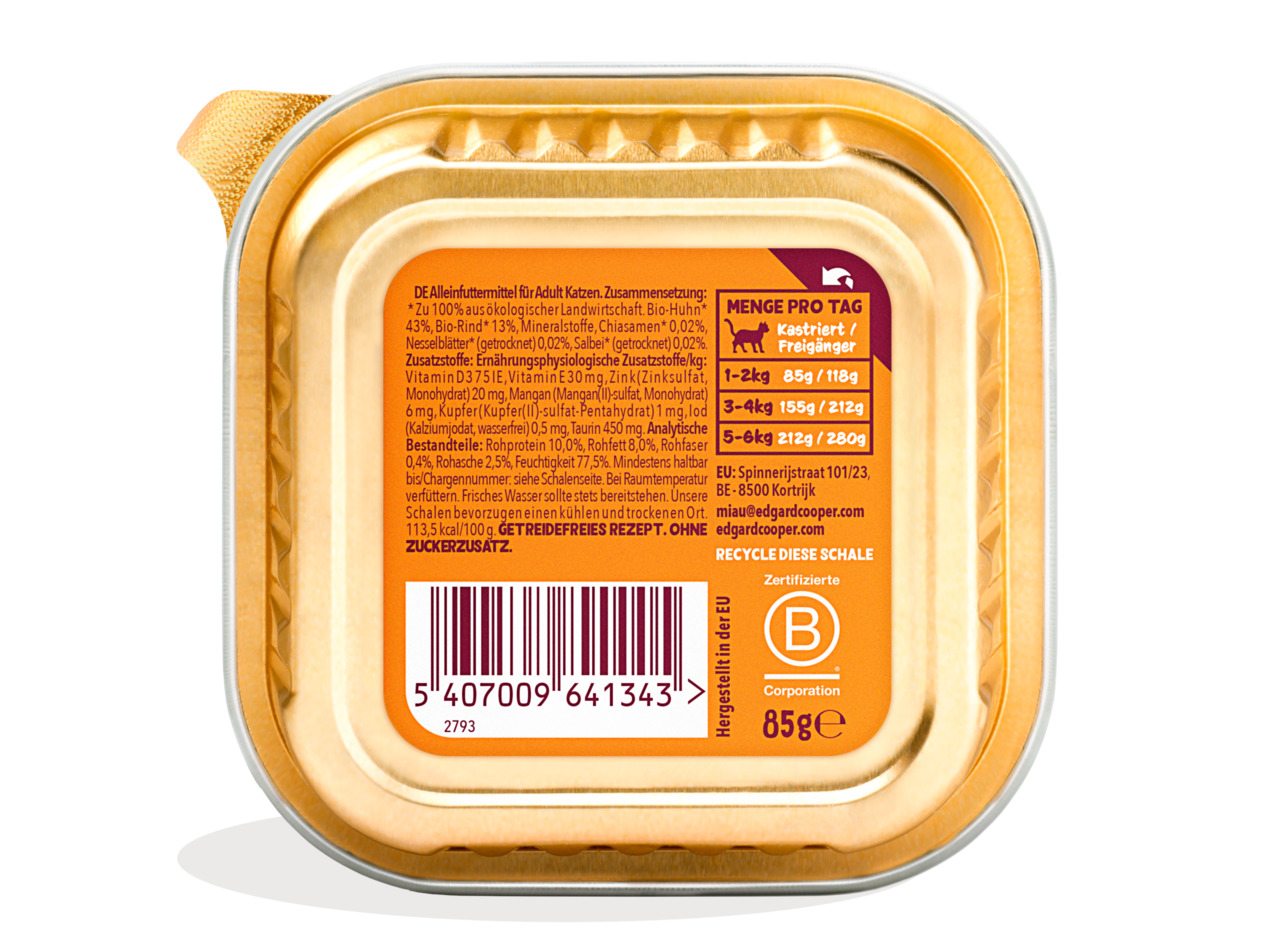 Edgard & Cooper Bio-Huhn, Katzenfutter für ausgewachsene Katzen, getreidefrei, Bio-Huhn & Rind, 85 g, für kastrierte-freilaufende Katzen.