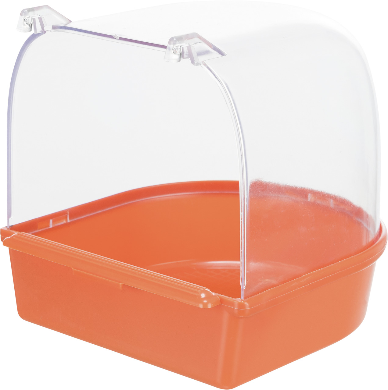 Das Bild zeigt das TRIXIE Badehaus für Vögel, ein transparentes Kunststoffgehäuse mit orangefarbener Bodenwanne. Es ist speziell für kleine Ziervögel wie Wellensittiche oder Kanarienvögel konzipiert. Das Badehaus bietet eine geschützte Umgebung für die tä