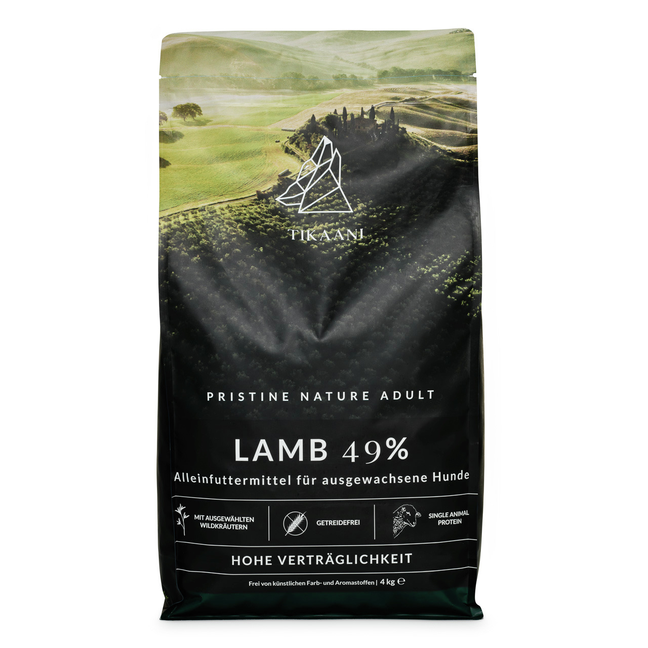 TIKAANI Pristine Nature Adult Lamb 49%, für ausgewachsene Hunde, Lamm, 49%, getreidefrei, Wildkräuter, 4 kg, hohe Verträglichkeit.