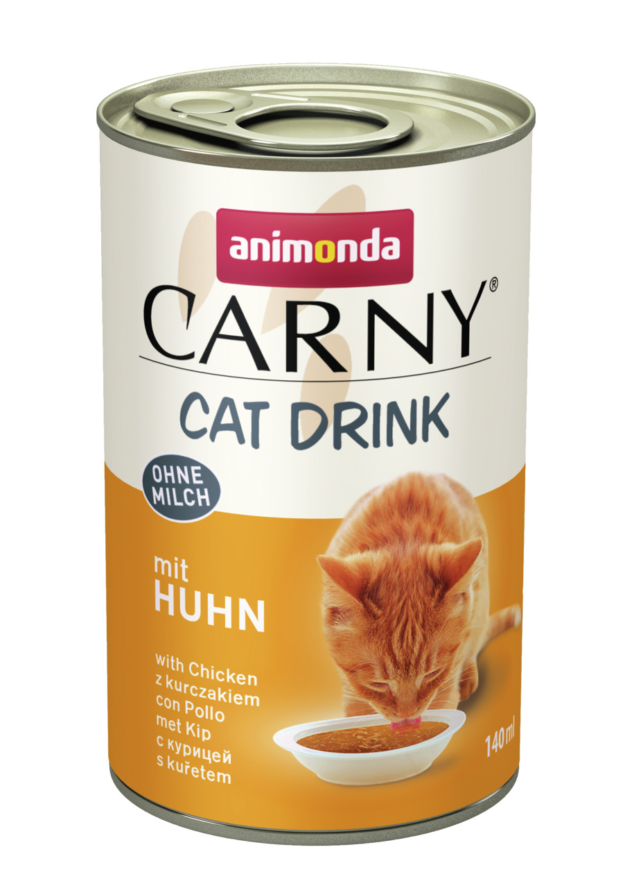 Animonda Carny Cat Drink Huhn, für Katzen, ohne Milch, 140 ml, unterstützt Flüssigkeitsaufnahme, mit orangefarbener Katze.