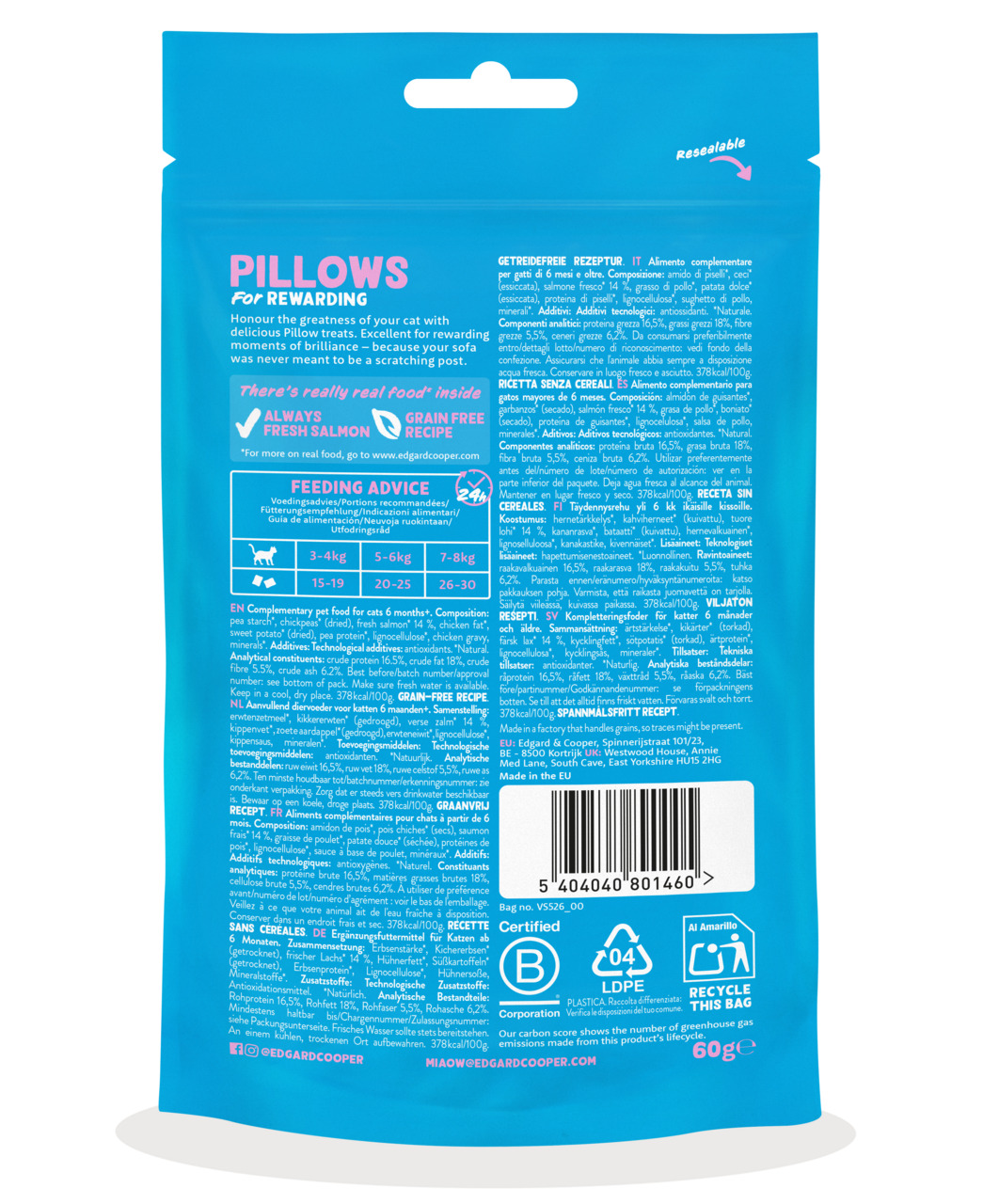 Das Bild zeigt die Rückseite einer blauen Verpackung des Produkts „Edgard & Cooper Pillows For Rewarding“. Es handelt sich um getreidefreie Katzensnacks mit frischem Lachs, geeignet für Katzen ab 6 Monaten. Die Verpackung enthält 60 g und ist wiederversch
