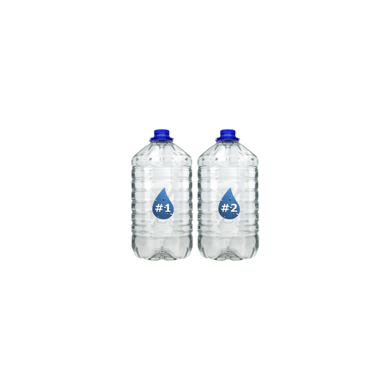 2 transparente Kunststoffflaschen, blaue Schraubverschlüsse, Tropfengrafik "#1" & "#2", geriffelt, geeignet für Wasser-Getränke.