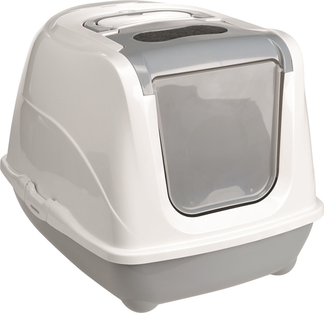 AniOne Katzentoilette m. Haube, Katzen, Weiß/Grau, Schwingtür, Aktivkohlefilter, Privatsphäre & Hygiene.
