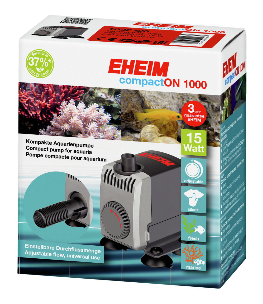 EHEIM compactON 1000: kompakte Aquarienpumpe (15W) für Süß--Meerwasser, leise, einstellbar, energieeffizient, bis zu 37 % Energieersparnis.