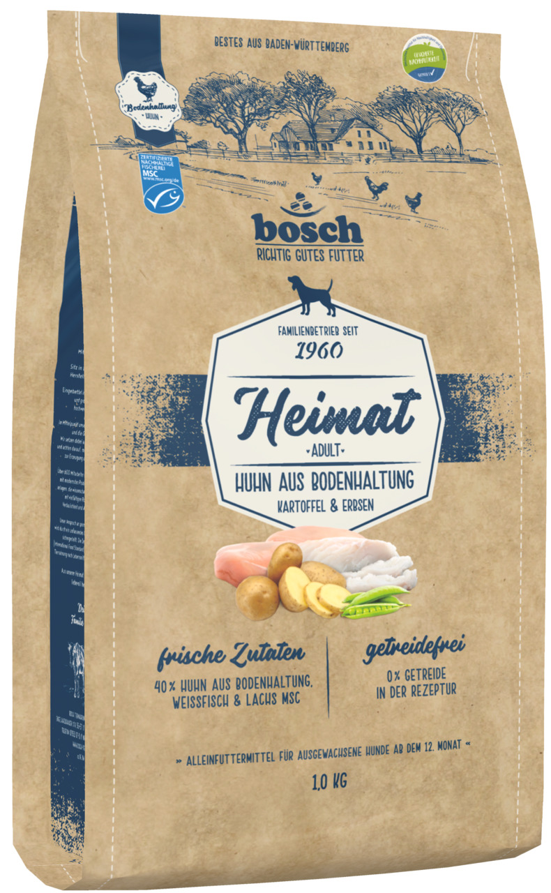 bosch Heimat Adult Hundefutter, Huhn, Kartoffel & Erbsen, getreidefrei, für Hunde ab 12 Mon., 1 kg, mit Weißfisch & Lachs (MSC).