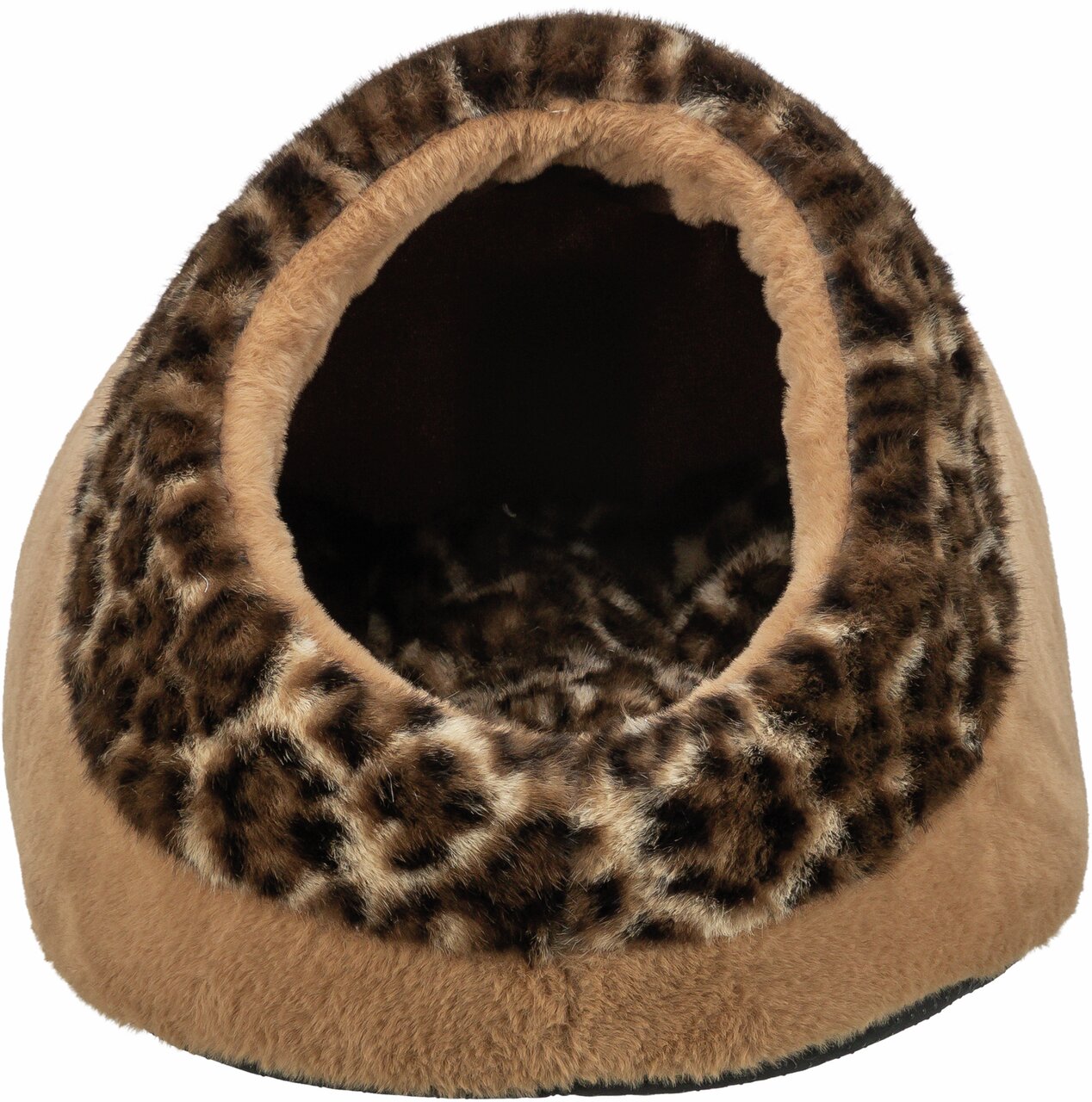 Braunes TRIXIE Kuschelbett für Katzen, Leopardenmuster, gemütlicher Rückzugsort, weiches Material, ideal für kleine Haustiere.