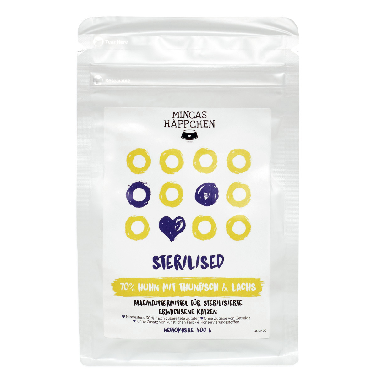 Mincas Häppchen „MINCAS HÄPPCHEN Sterilised“, Alleinfutter f. sterilisierte Katzen, Huhn-Thunfisch-Lachs, 400 g, getreidefrei.