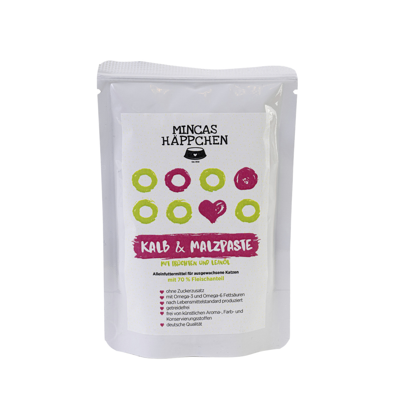 MINCAS HÄPPCHEN Kalb & Malzpaste für ausgewachsene Katzen, Kalb mit Malz, Früchten & Leinöl, 70 % Fleisch, zuckerfrei, getreidefrei.