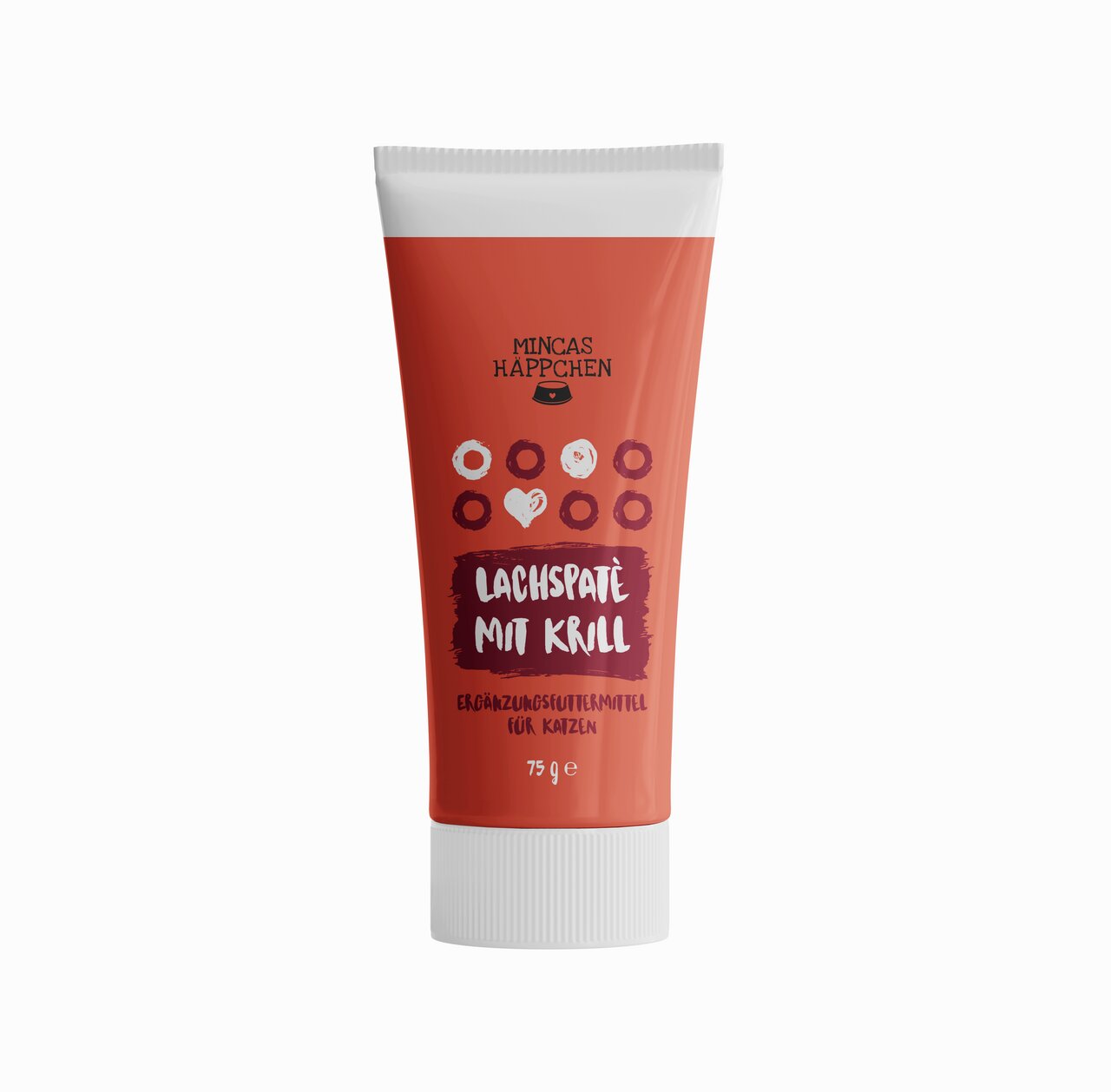 MINCAS HÄPPCHEN Lachspaté mit Krill, Ergänzungsfuttermittel für Katzen, 75g Tube, ideal für Feinschmecker-Katzen.