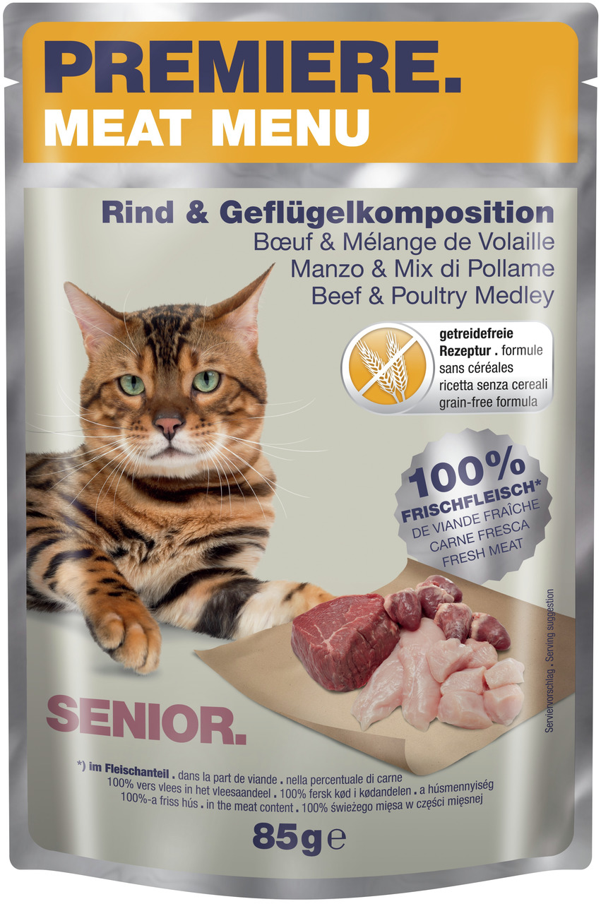PREMIERE Meat Menu, Nassfutter Senior-Katzen, Rind & Geflügel, getreidefrei, 100 % Frischfleisch, 85 g.