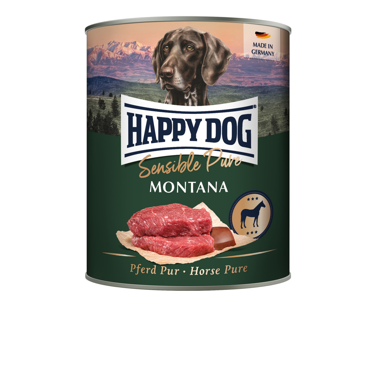Das Bild zeigt eine Dose Hundefutter der Marke „HAPPY DOG“ mit der Produktbezeichnung „Sensible Pure Montana“. Es handelt sich um ein Premium-Nassfutter für Hunde, das speziell für ernährungssensible Tiere entwickelt wurde. Die Geschmacksrichtung ist Pfer