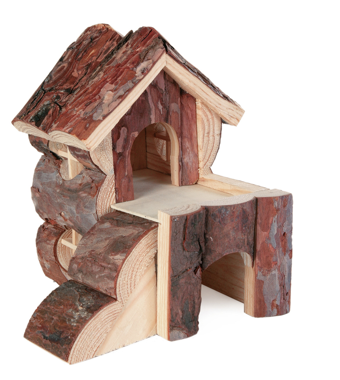TRIXIE Naturhaus für Kleintiere (Hamster-Nager), Holz, Rindenoptik, mit Eingang, Rampe, Plattform, Rückzugsort & Spielplatz.