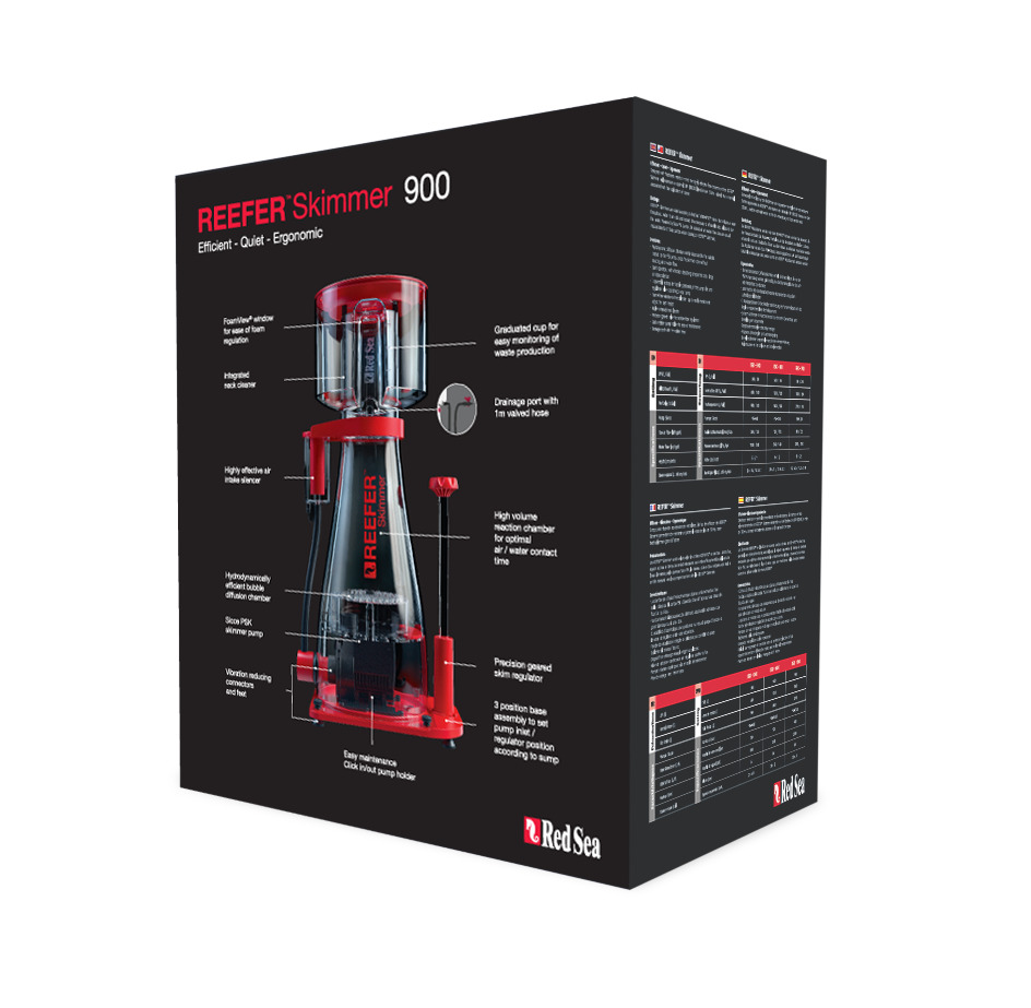 Das Bild zeigt die Verpackung des Red Sea Reefer Skimmer 900, eines effizienten, leisen und ergonomischen Eiweißabschäumers für Meerwasseraquarien. Die schwarze Verpackung mit roten und weißen Details hebt die technischen Merkmale hervor, darunter ein hoc